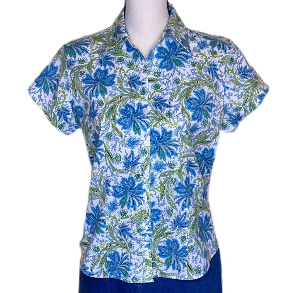 Talbots Blue Patterned Short Sleeve Shirt Size 6